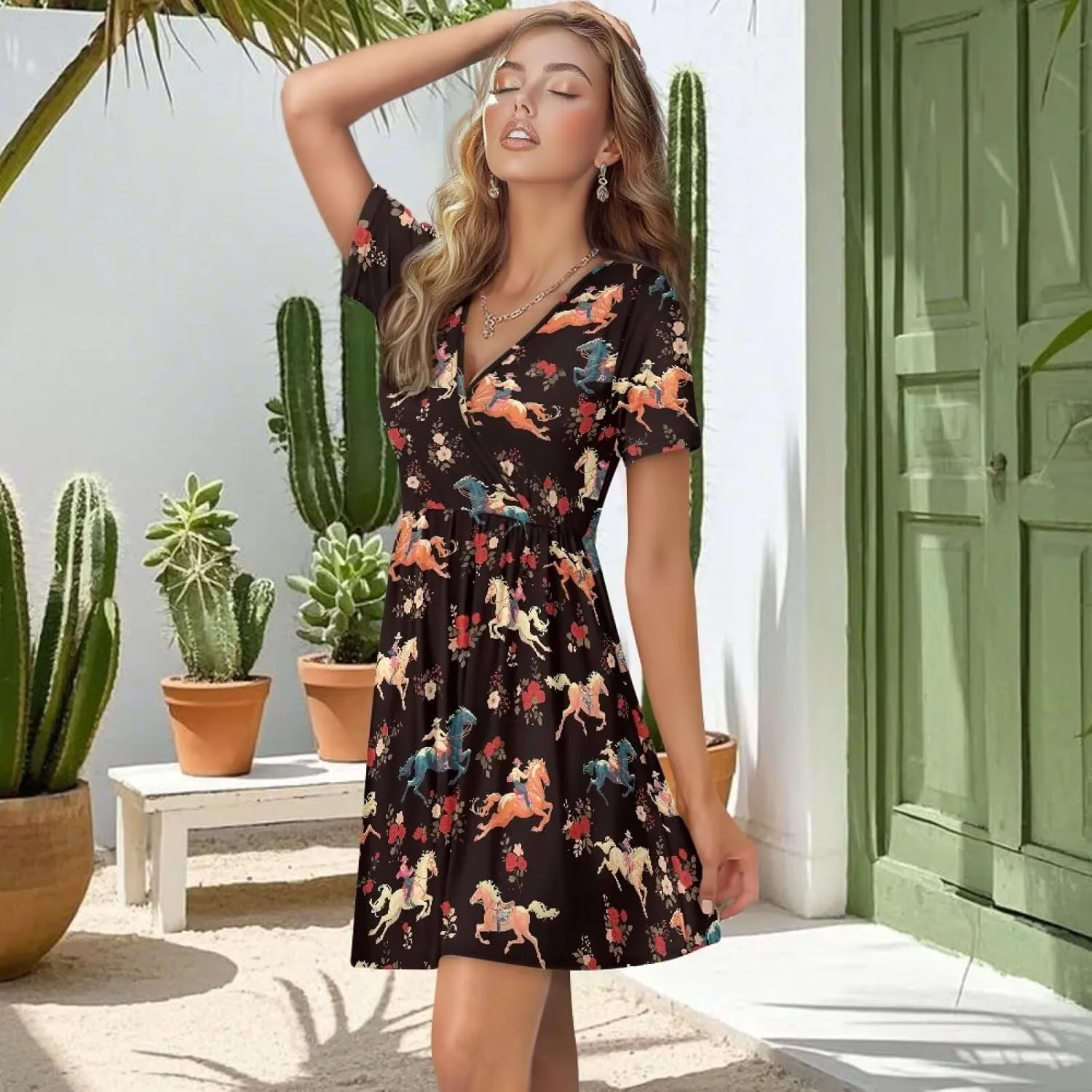 Women's Beach Dresses Casual Flowy V Neck Spring Summer Dress Boho Elastic Waist Mini A-Line Sundress Sexy Cheeky