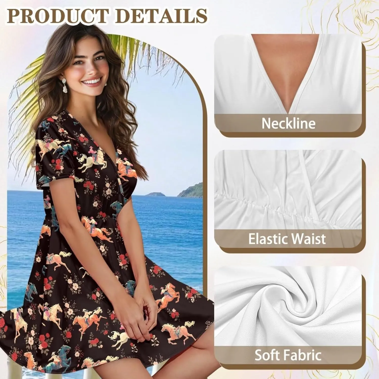 Women's Beach Dresses Casual Flowy V Neck Spring Summer Dress Boho Elastic Waist Mini A-Line Sundress Sexy Cheeky