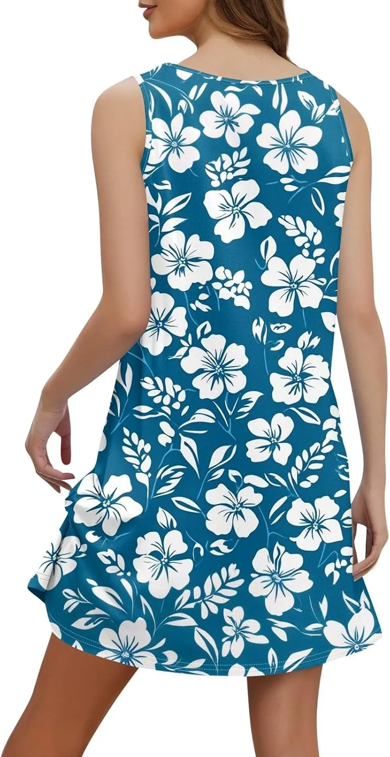 Women's Boho Floral Hawaiian Dresses with Pockets, V-Neck Sleeveless Mini Tank Sundress Summer Beach Cover Ups