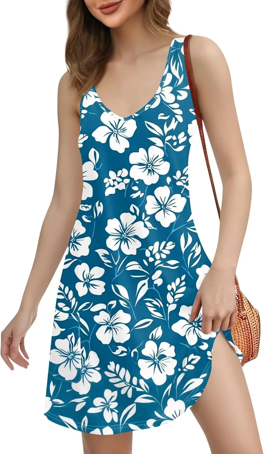 Women's Boho Floral Hawaiian Dresses with Pockets, V-Neck Sleeveless Mini Tank Sundress Summer Beach Cover Ups