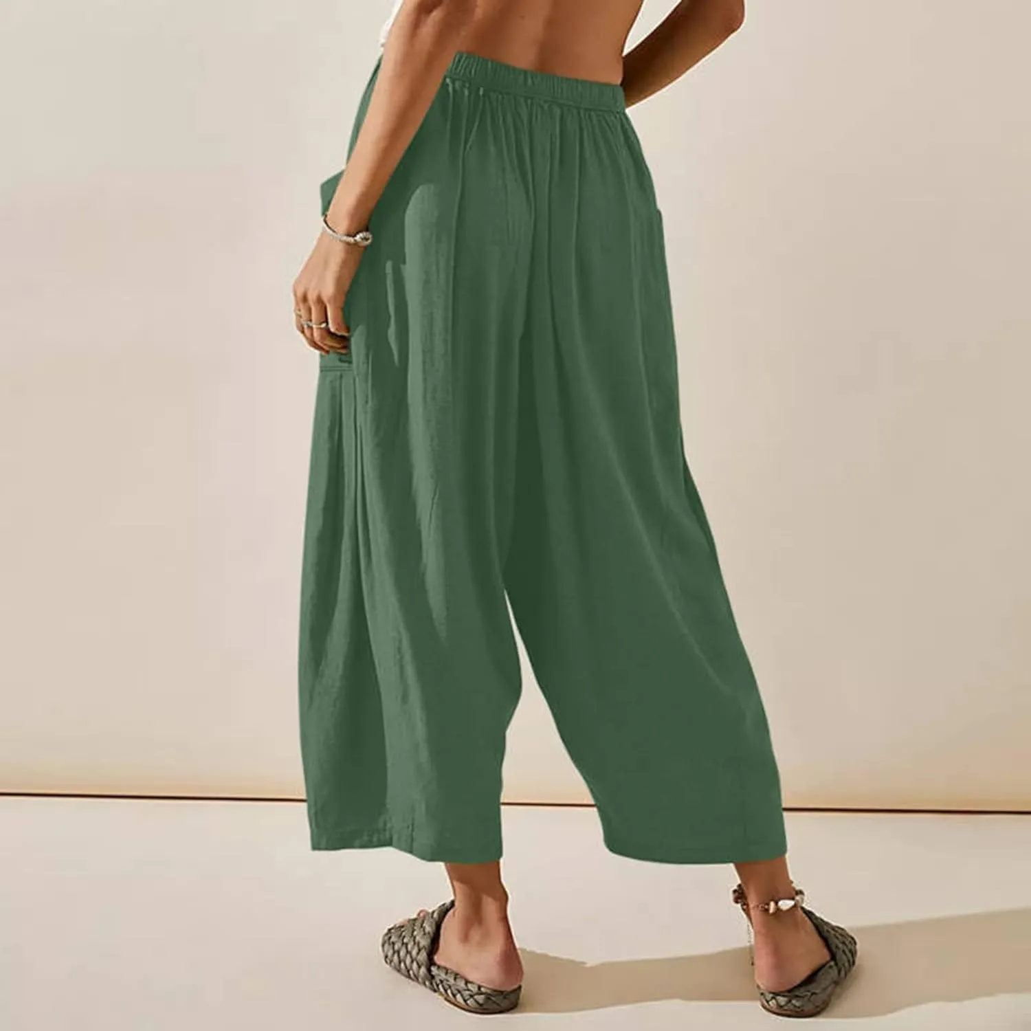 Women's Plus Size Wide Leg Linen Pants Baggy Harem Pants Hippie Palazzo Lounge Pants Boho Beach Pants with Pockets
