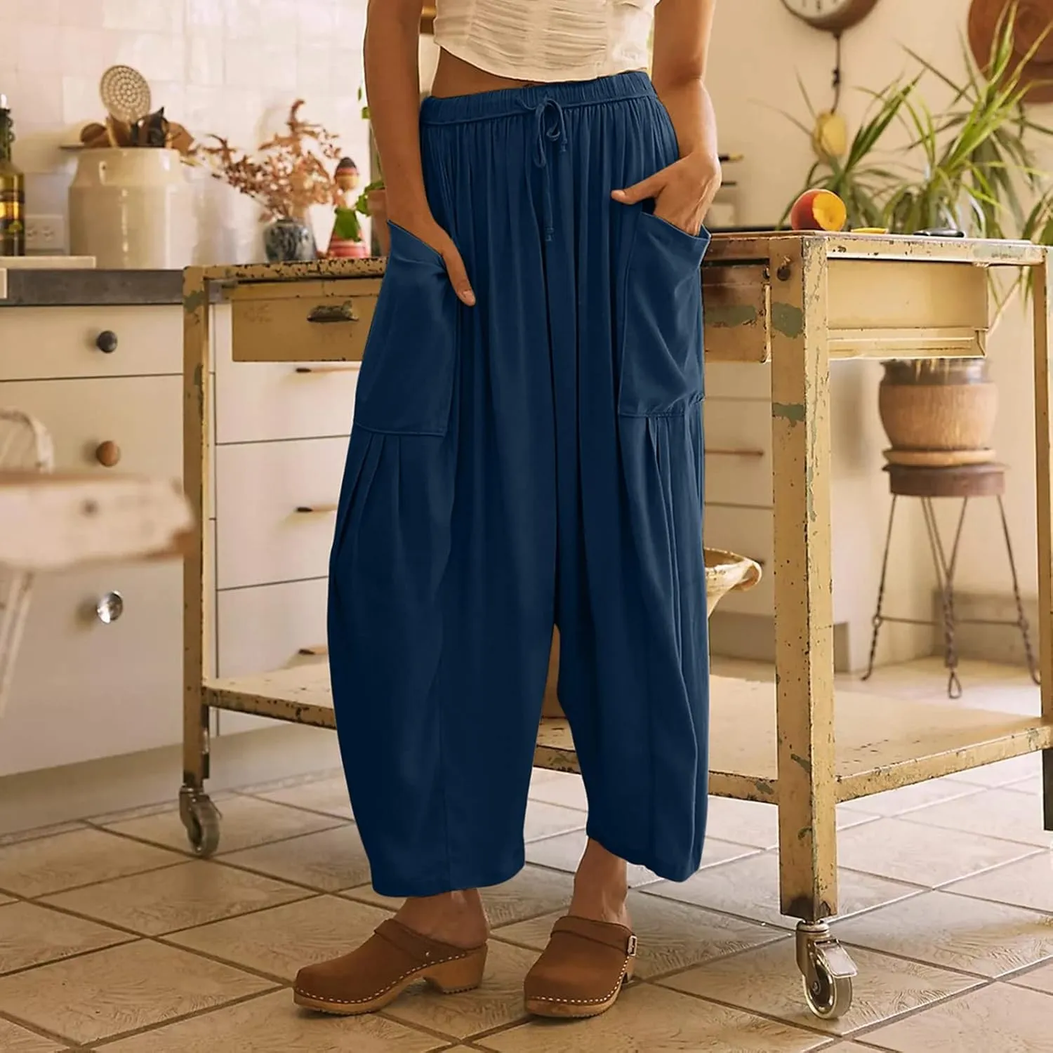 Women's Plus Size Wide Leg Linen Pants Baggy Harem Pants Hippie Palazzo Lounge Pants Boho Beach Pants with Pockets