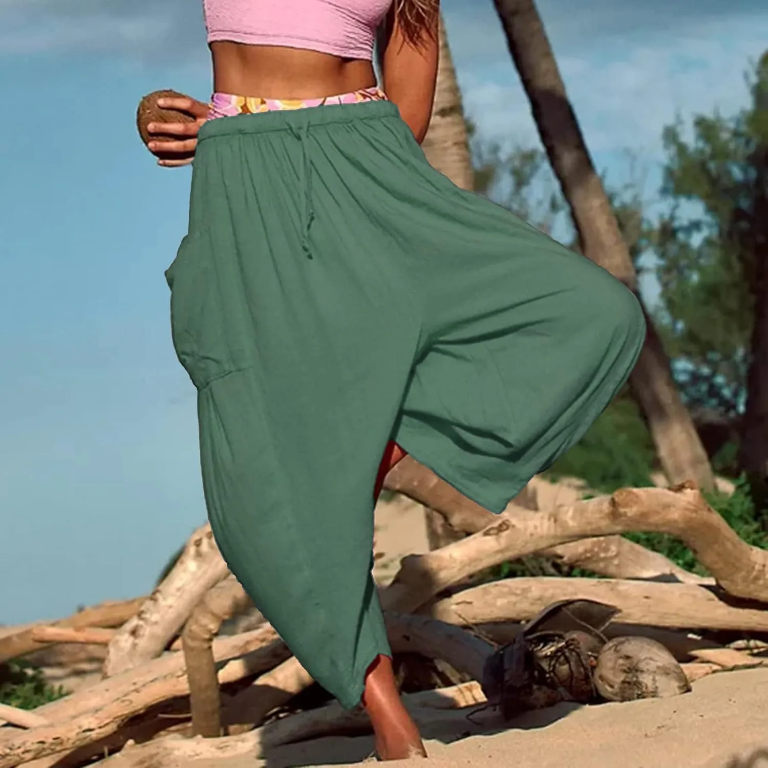 Women's Plus Size Wide Leg Linen Pants Baggy Harem Pants Hippie Palazzo Lounge Pants Boho Beach Pants with Pockets