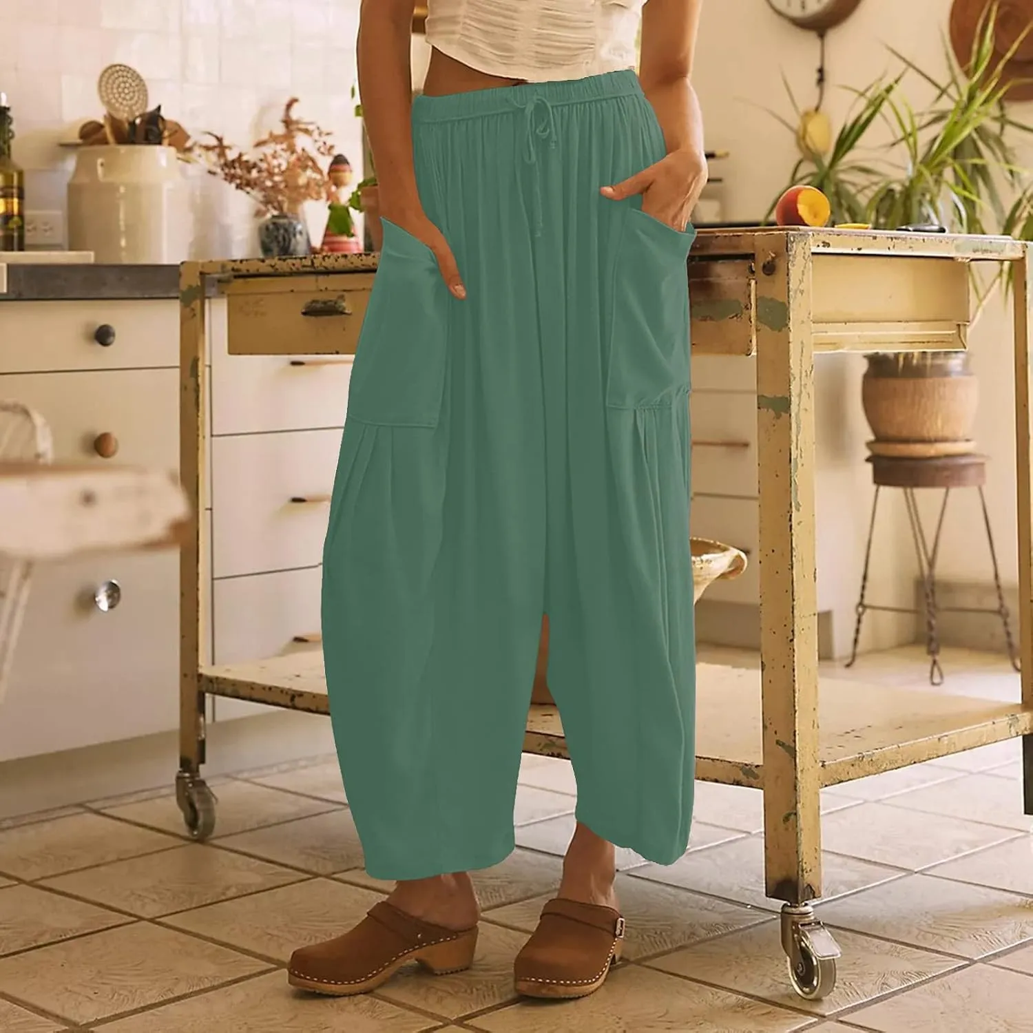 Women's Plus Size Wide Leg Linen Pants Baggy Harem Pants Hippie Palazzo Lounge Pants Boho Beach Pants with Pockets