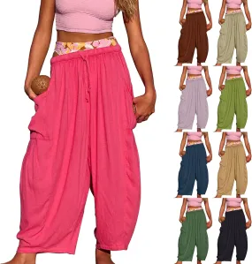 Women's Plus Size Wide Leg Linen Pants Baggy Harem Pants Hippie Palazzo Lounge Pants Boho Beach Pants with Pockets