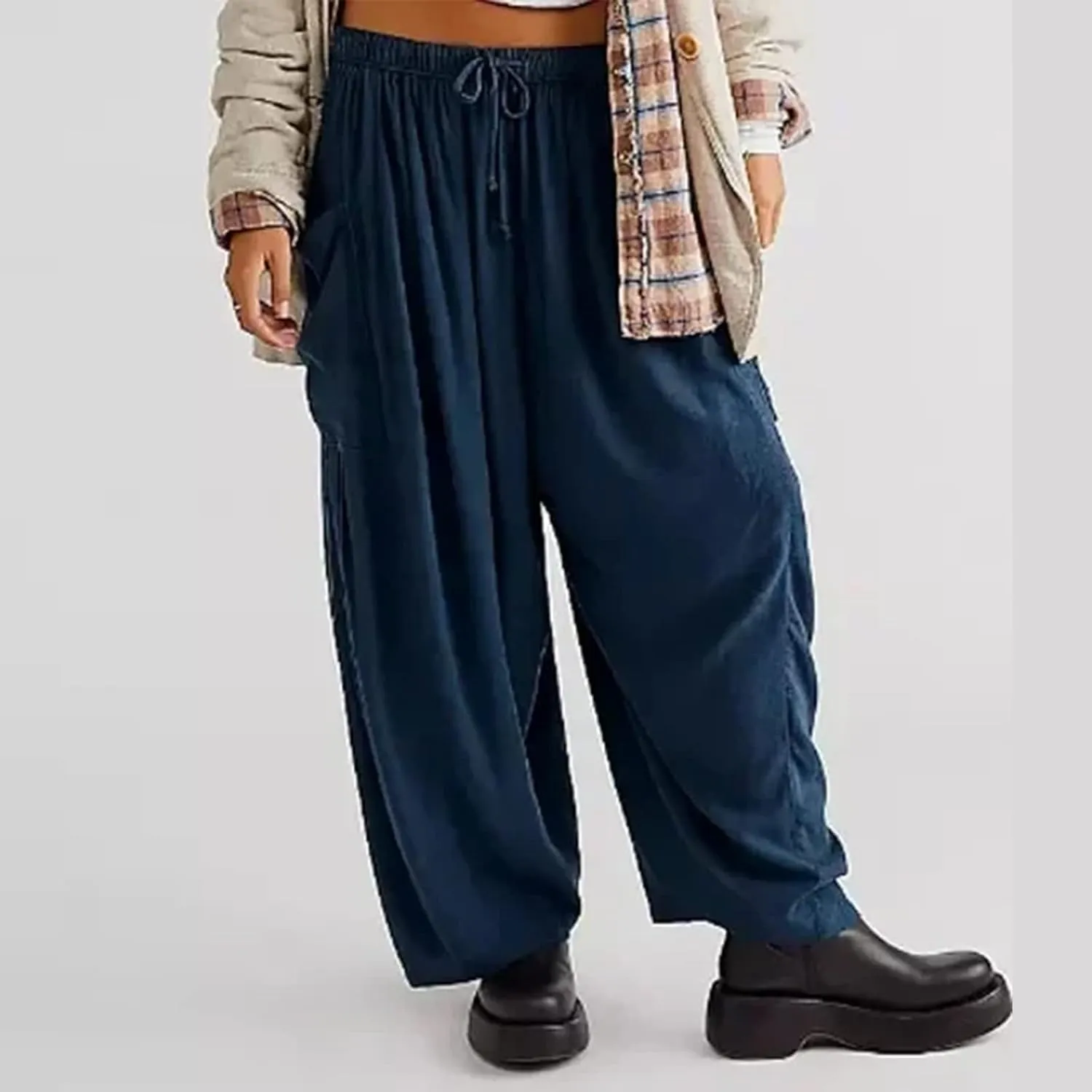 Women's Plus Size Wide Leg Linen Pants Baggy Harem Pants Hippie Palazzo Lounge Pants Boho Beach Pants with Pockets