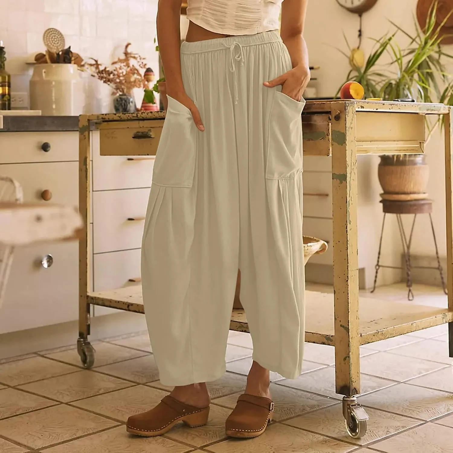 Women's Plus Size Wide Leg Linen Pants Baggy Harem Pants Hippie Palazzo Lounge Pants Boho Beach Pants with Pockets