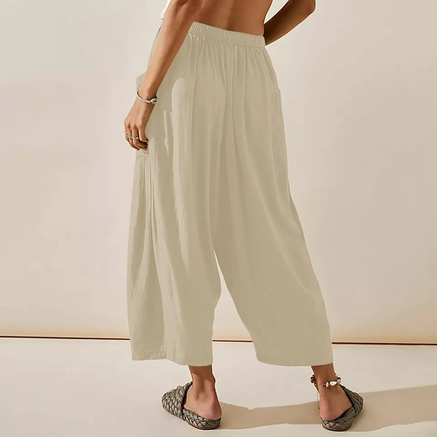 Women's Plus Size Wide Leg Linen Pants Baggy Harem Pants Hippie Palazzo Lounge Pants Boho Beach Pants with Pockets