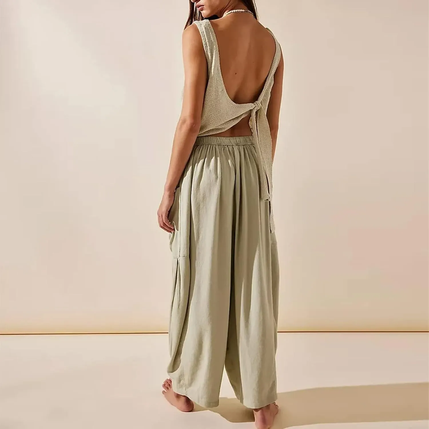 Women's Plus Size Wide Leg Linen Pants Baggy Harem Pants Hippie Palazzo Lounge Pants Boho Beach Pants with Pockets