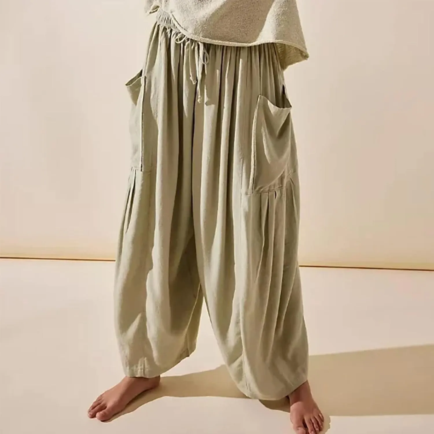 Women's Plus Size Wide Leg Linen Pants Baggy Harem Pants Hippie Palazzo Lounge Pants Boho Beach Pants with Pockets