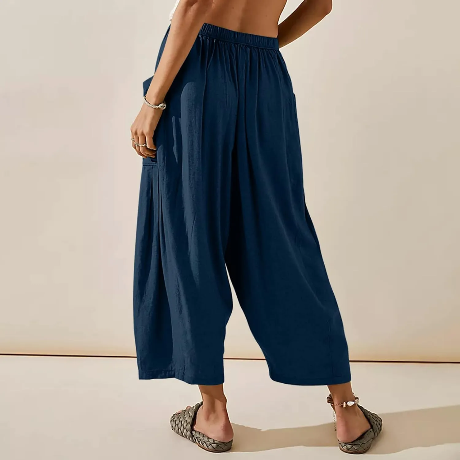 Women's Plus Size Wide Leg Linen Pants Baggy Harem Pants Hippie Palazzo Lounge Pants Boho Beach Pants with Pockets