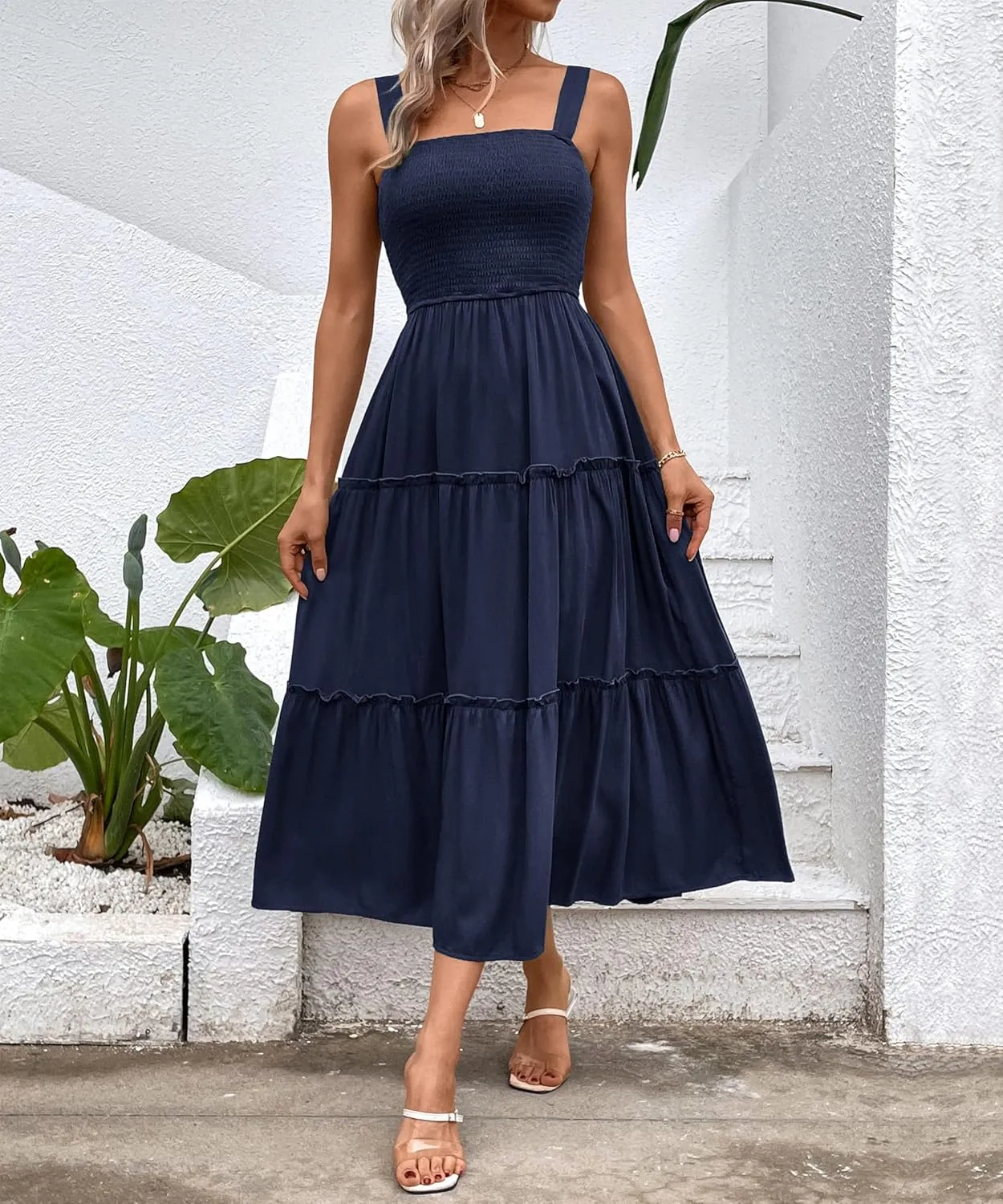 Womens Sleeveless Maxi Dress 2025 Summer Dresses Square Neck Smocked Ruffle Beach Sundress