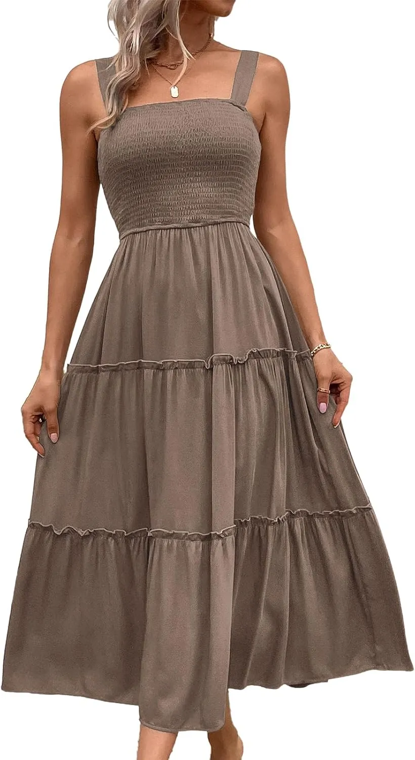 Womens Sleeveless Maxi Dress 2025 Summer Dresses Square Neck Smocked Ruffle Beach Sundress