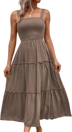 Womens Sleeveless Maxi Dress 2025 Summer Dresses Square Neck Smocked Ruffle Beach Sundress