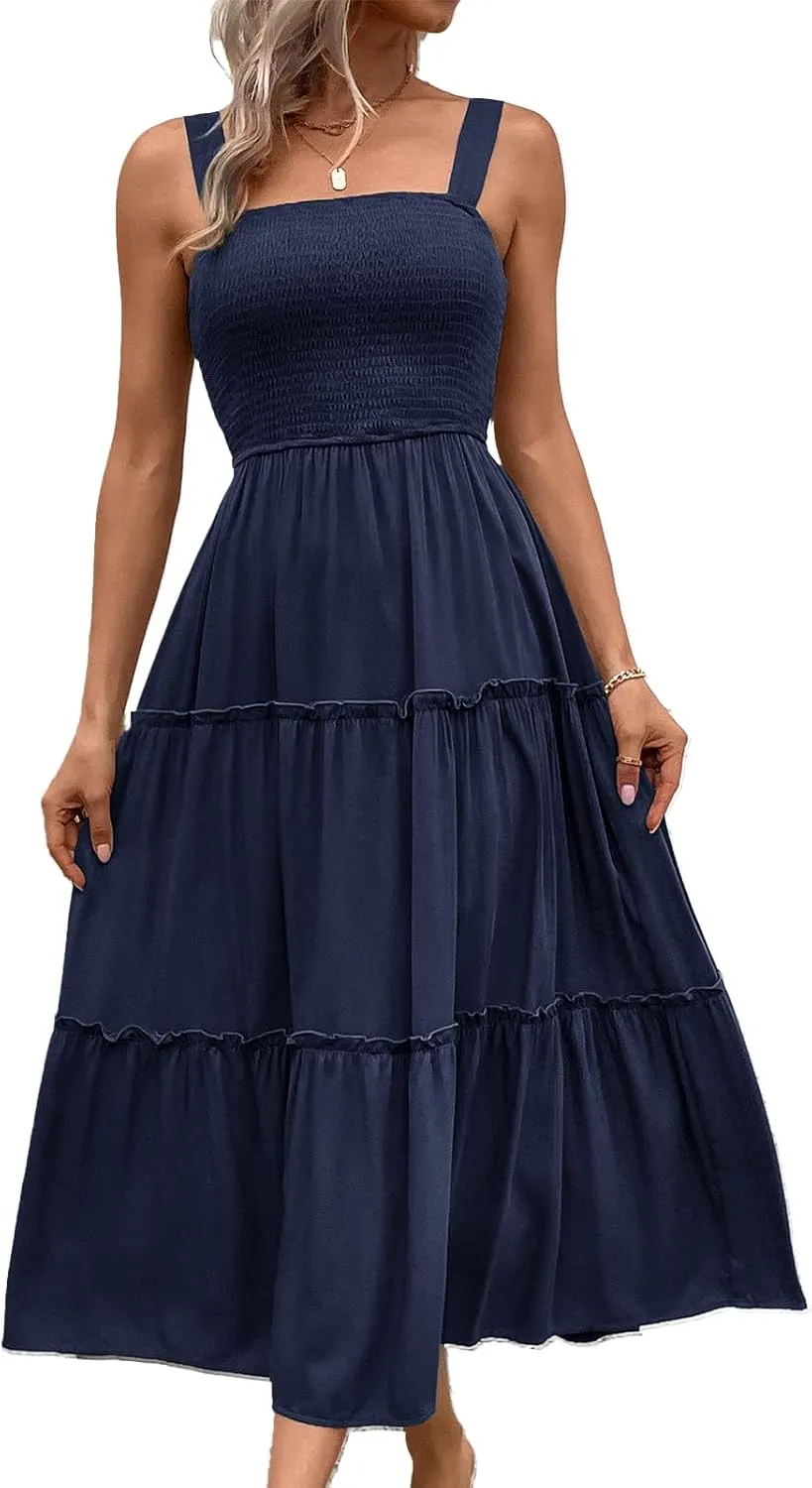 Womens Sleeveless Maxi Dress 2025 Summer Dresses Square Neck Smocked Ruffle Beach Sundress