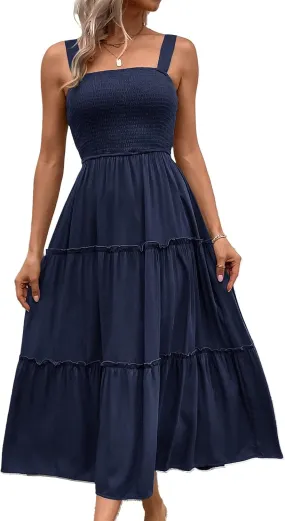 Womens Sleeveless Maxi Dress 2025 Summer Dresses Square Neck Smocked Ruffle Beach Sundress