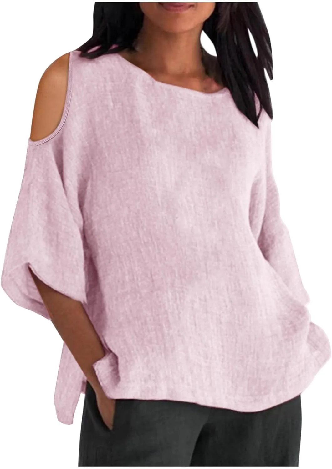 Women's Summer Cotton Linen T-Shirt Off Shoulder Loose Fit Blouse Top Solid Color Short Sleeve Comfy Trendy Blouse