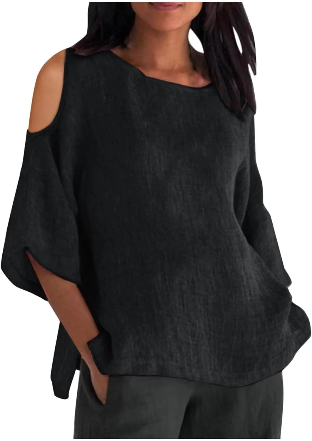 Women's Summer Cotton Linen T-Shirt Off Shoulder Loose Fit Blouse Top Solid Color Short Sleeve Comfy Trendy Blouse