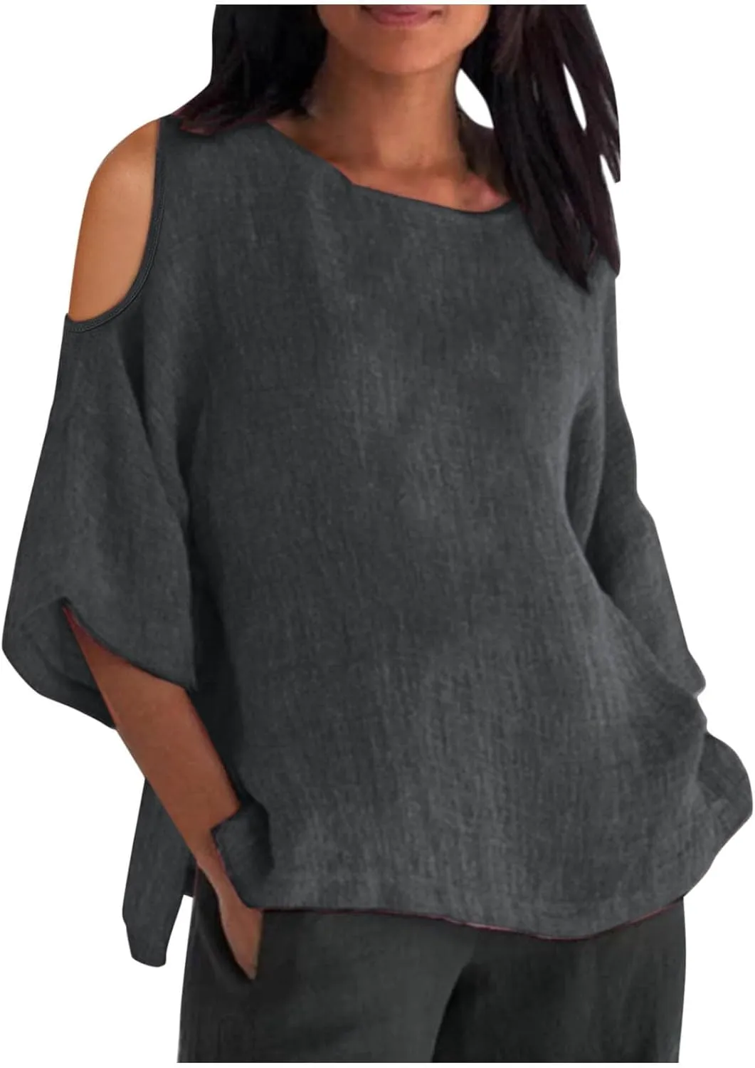 Women's Summer Cotton Linen T-Shirt Off Shoulder Loose Fit Blouse Top Solid Color Short Sleeve Comfy Trendy Blouse