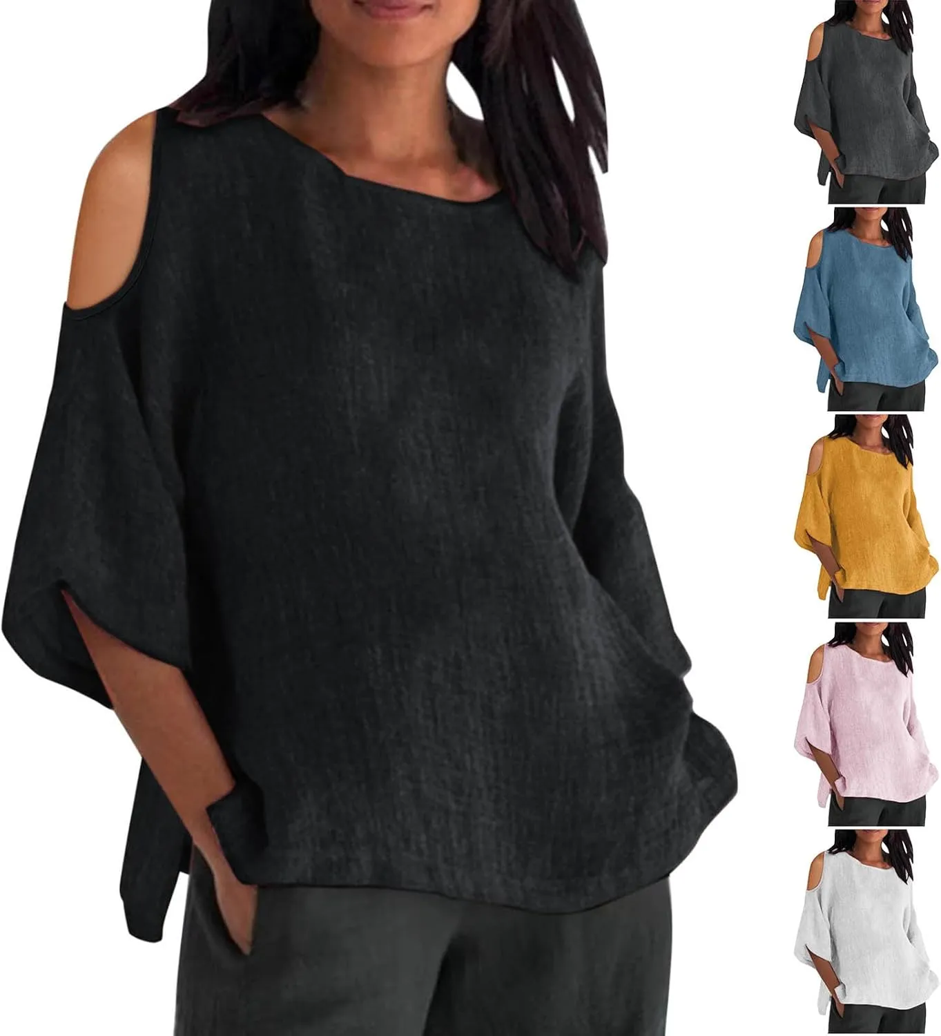 Women's Summer Cotton Linen T-Shirt Off Shoulder Loose Fit Blouse Top Solid Color Short Sleeve Comfy Trendy Blouse