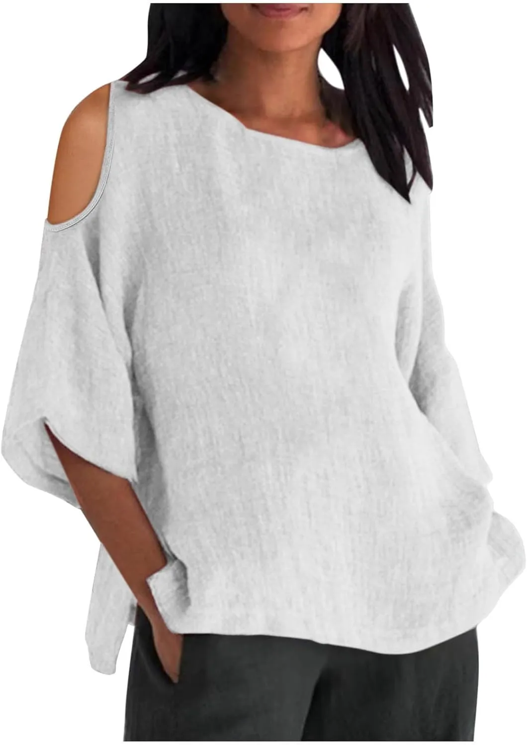 Women's Summer Cotton Linen T-Shirt Off Shoulder Loose Fit Blouse Top Solid Color Short Sleeve Comfy Trendy Blouse
