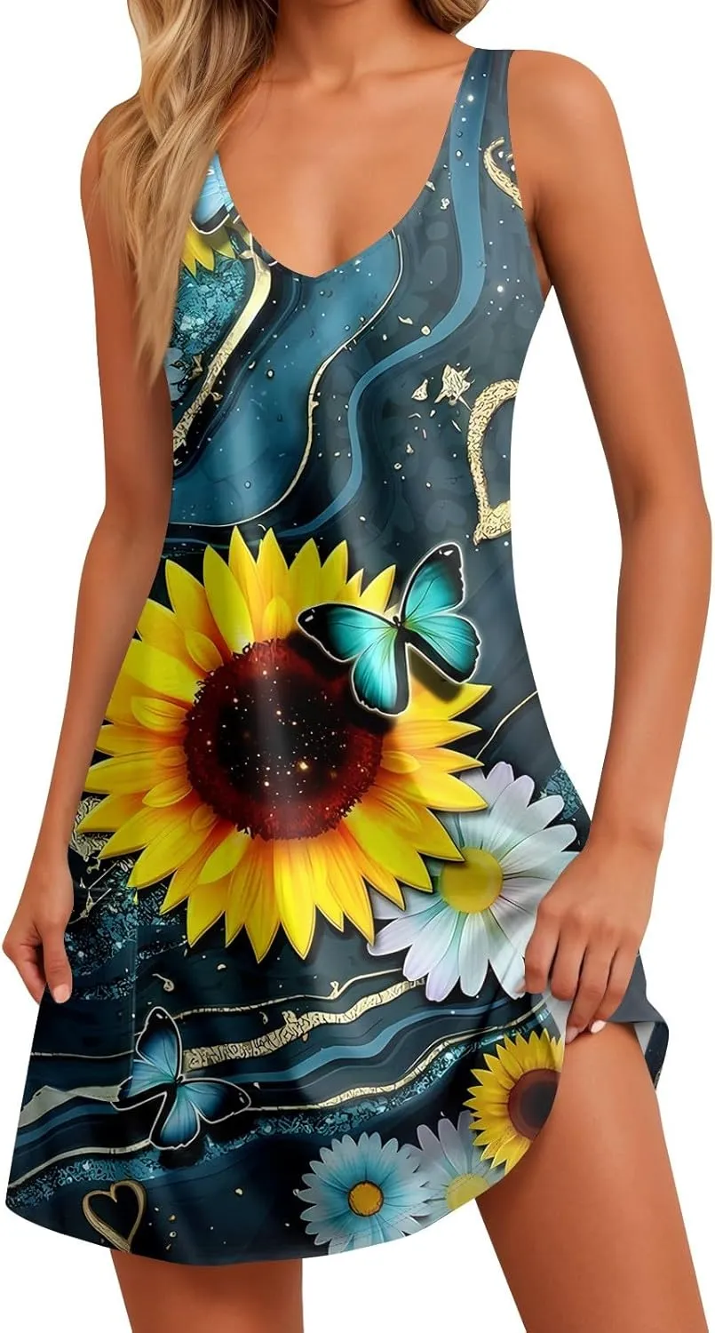 Womens Summer Dresses Sleeveless Vacation Swimsuit Coverup Beach Printed Sundress Casual 2025 Dress with Pocket