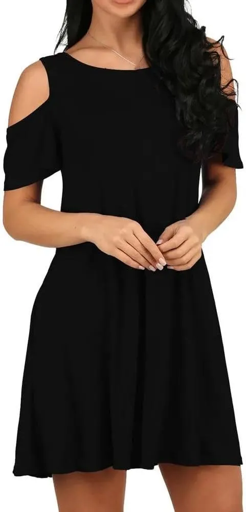 Women's Summer Shoulder Short Sleeve Ruffle Loose Shirt Dress-Neck Solid Color Sexy Dress