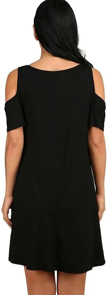 Women's Summer Shoulder Short Sleeve Ruffle Loose Shirt Dress-Neck Solid Color Sexy Dress