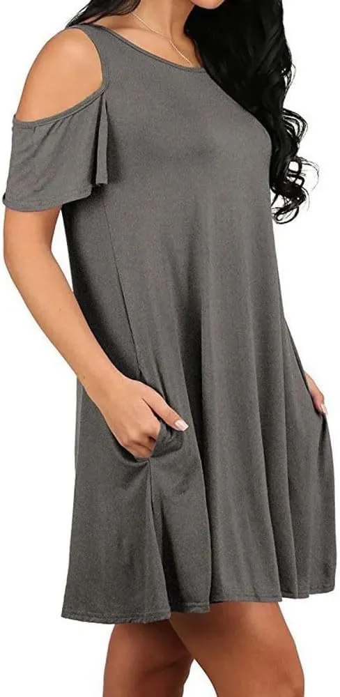 Women's Summer Shoulder Short Sleeve Ruffle Loose Shirt Dress-Neck Solid Color Sexy Dress