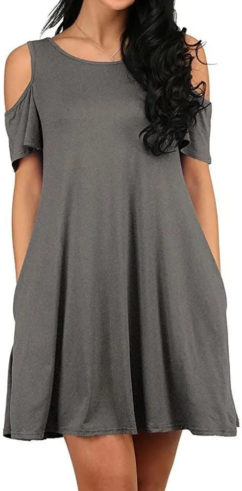 Women's Summer Shoulder Short Sleeve Ruffle Loose Shirt Dress-Neck Solid Color Sexy Dress