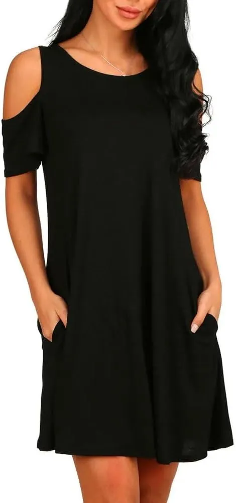 Women's Summer Shoulder Short Sleeve Ruffle Loose Shirt Dress-Neck Solid Color Sexy Dress