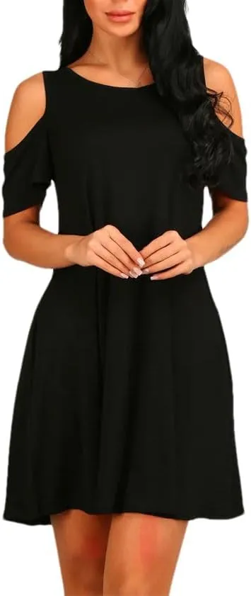 Women's Summer Shoulder Short Sleeve Ruffle Loose Shirt Dress-Neck Solid Color Sexy Dress