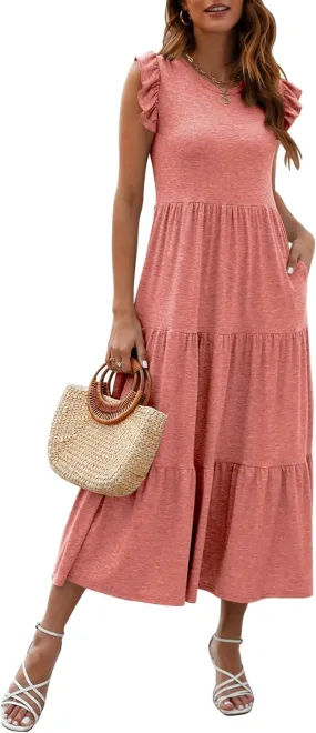 Women's Summer Sleeveless Maxi Dress Ruffle Sleeve Crewneck Tiered Flowy Pleated Casual A Line Sundress with Pockets