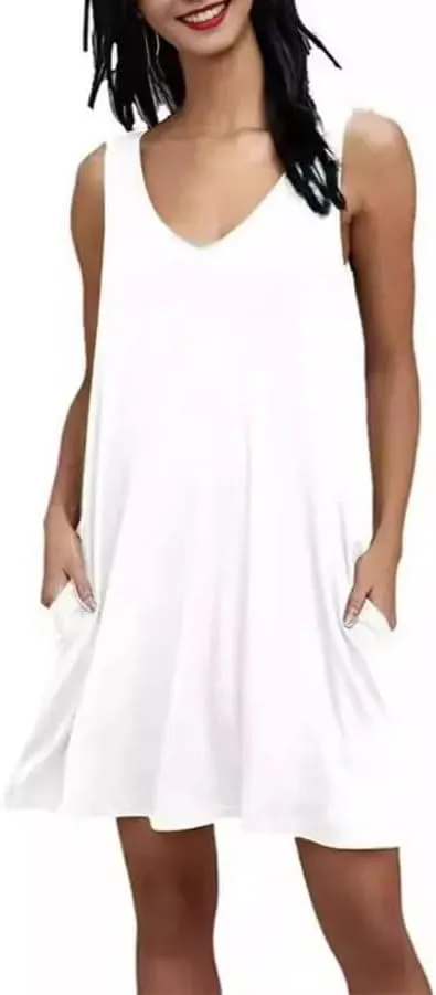 Women's Summer V Neck Loose Dresses Solid Color Sleeveless Casual Lightweight T-Shirt Dress