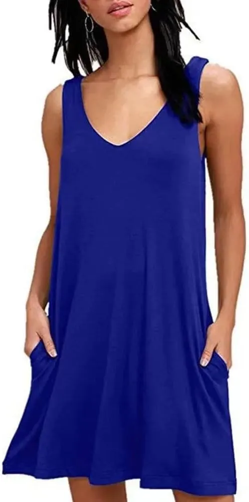 Women's Summer V Neck Loose Dresses Solid Color Sleeveless Casual Lightweight T-Shirt Dress