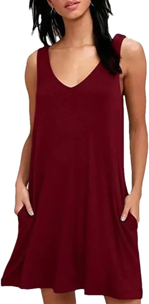 Women's Summer V Neck Loose Dresses Solid Color Sleeveless Casual Lightweight T-Shirt Dress