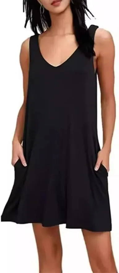 Women's Summer V Neck Loose Dresses Solid Color Sleeveless Casual Lightweight T-Shirt Dress