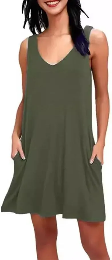 Women's Summer V Neck Loose Dresses Solid Color Sleeveless Casual Lightweight T-Shirt Dress