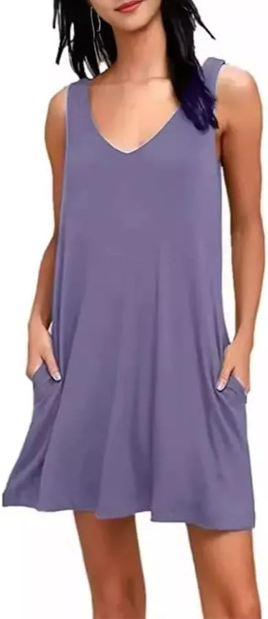 Women's Summer V Neck Loose Dresses Solid Color Sleeveless Casual Lightweight T-Shirt Dress