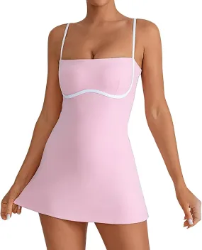 Womens Tennis Sleeveless Mini Dress Stretch Built in Bra Square Neck Fashion Comfy Workout Athletic Golf Dress