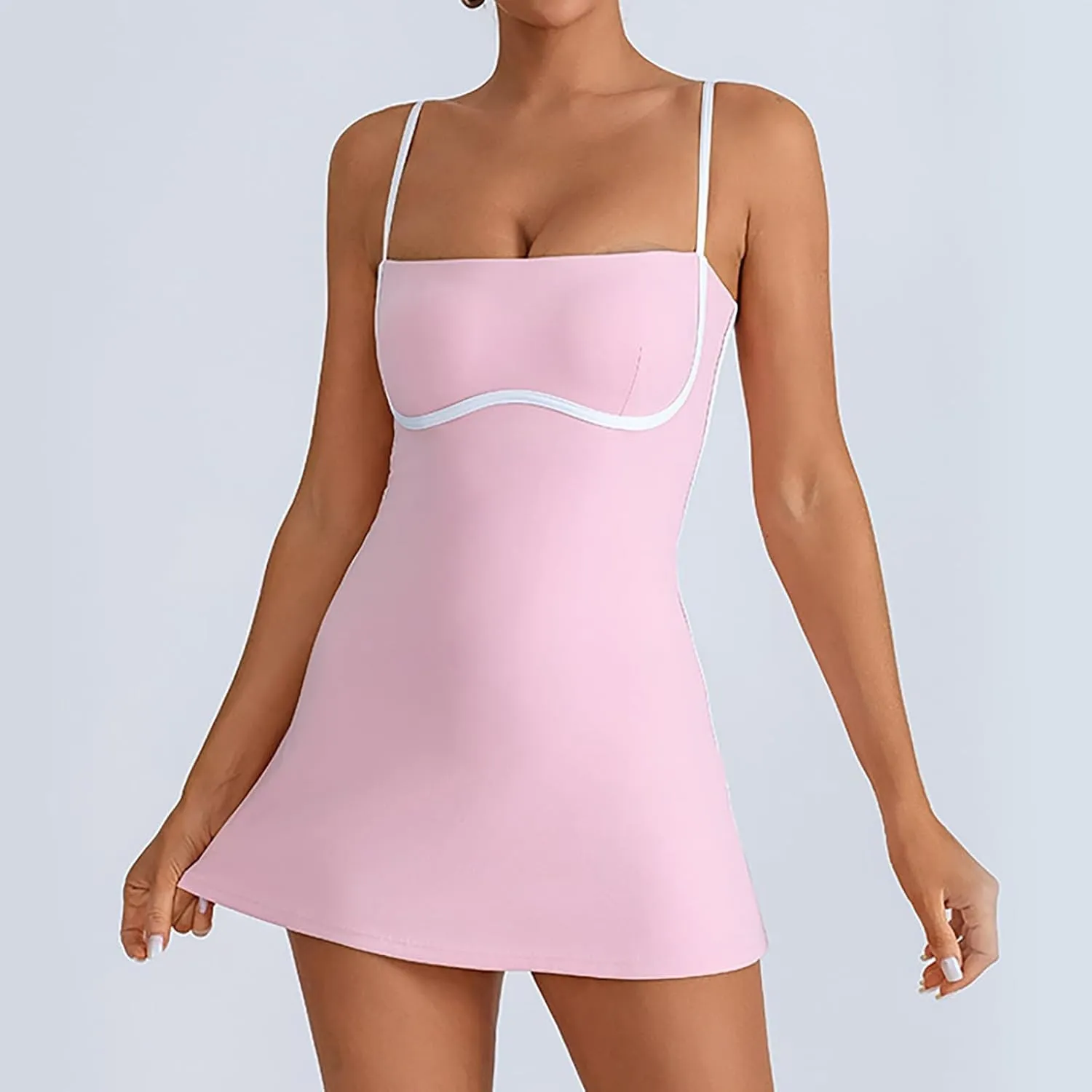 Womens Tennis Sleeveless Mini Dress Stretch Built in Bra Square Neck Fashion Comfy Workout Athletic Golf Dress