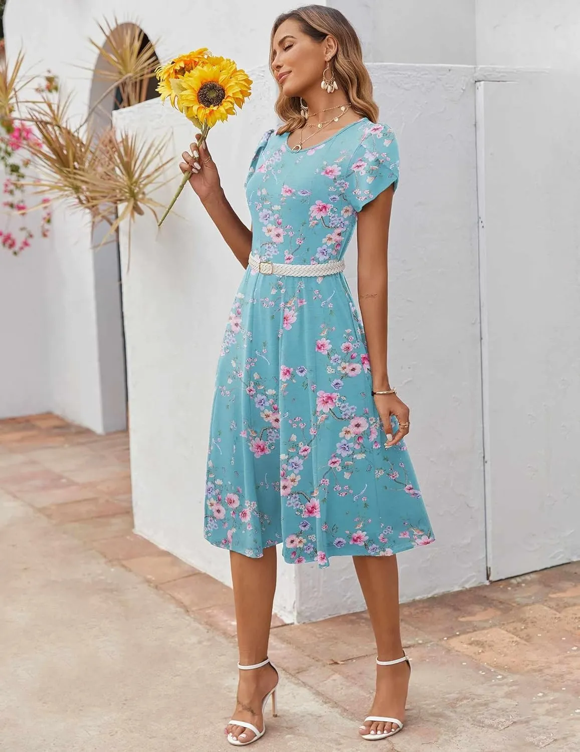 Zeagoo Womens Casual Dresses for Summer Short Sleeve Flare Midi Dress Loose Flowy Beach Sundress