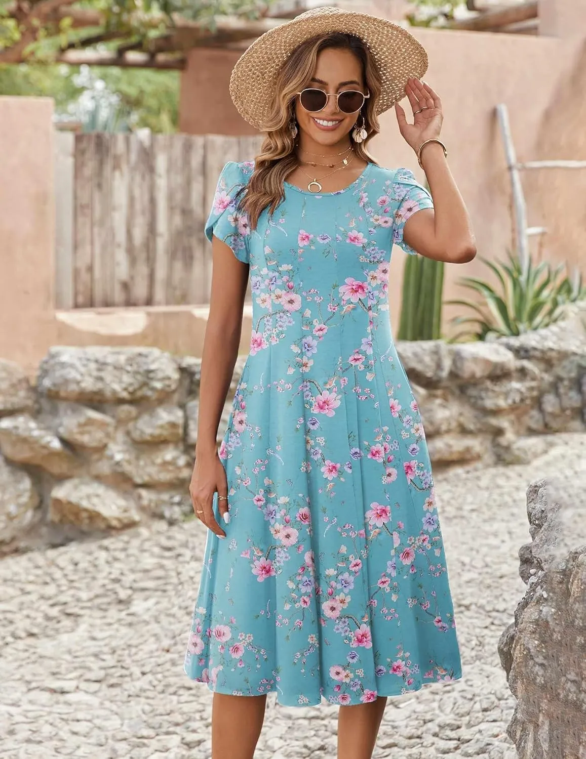 Zeagoo Womens Casual Dresses for Summer Short Sleeve Flare Midi Dress Loose Flowy Beach Sundress