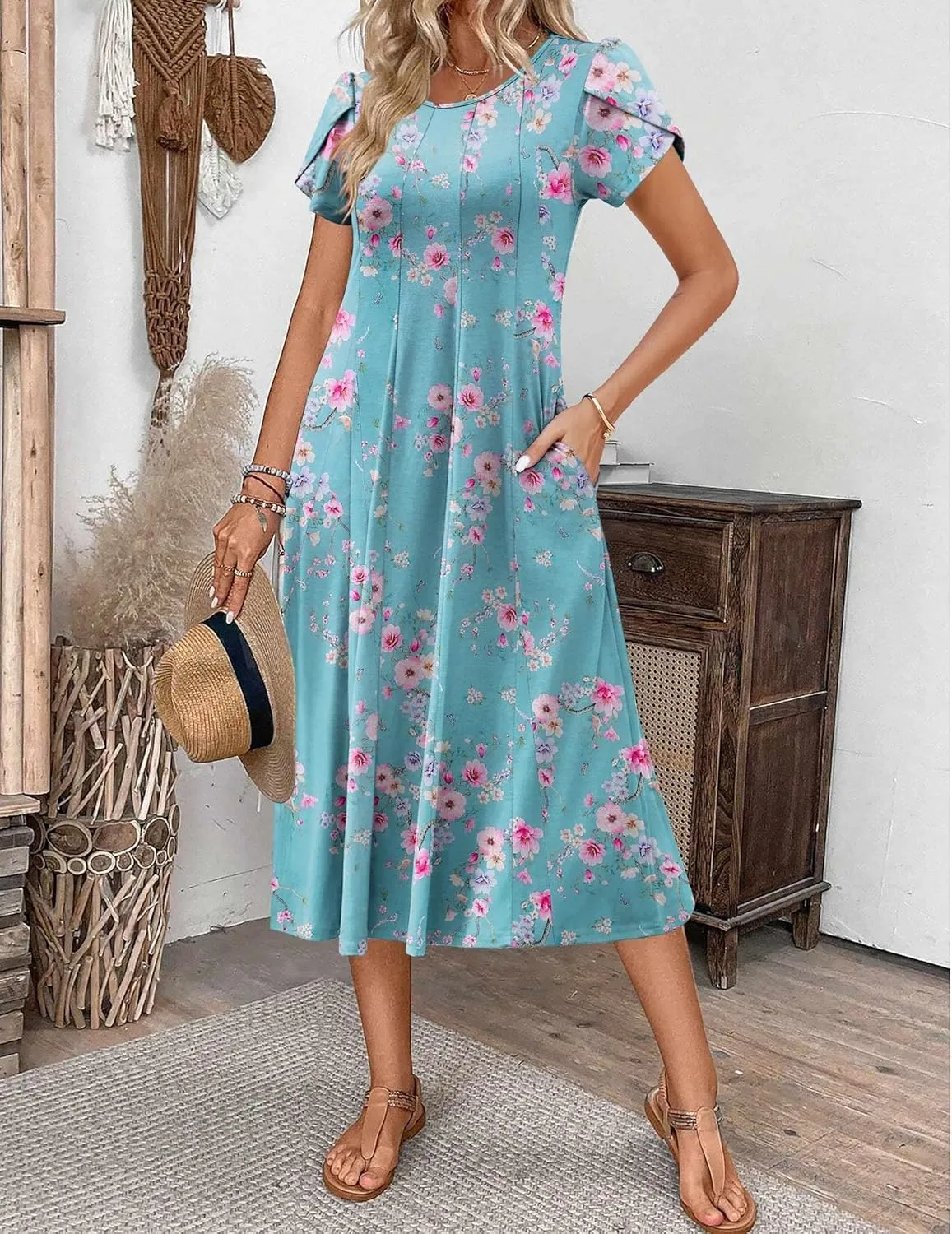 Zeagoo Womens Casual Dresses for Summer Short Sleeve Flare Midi Dress Loose Flowy Beach Sundress