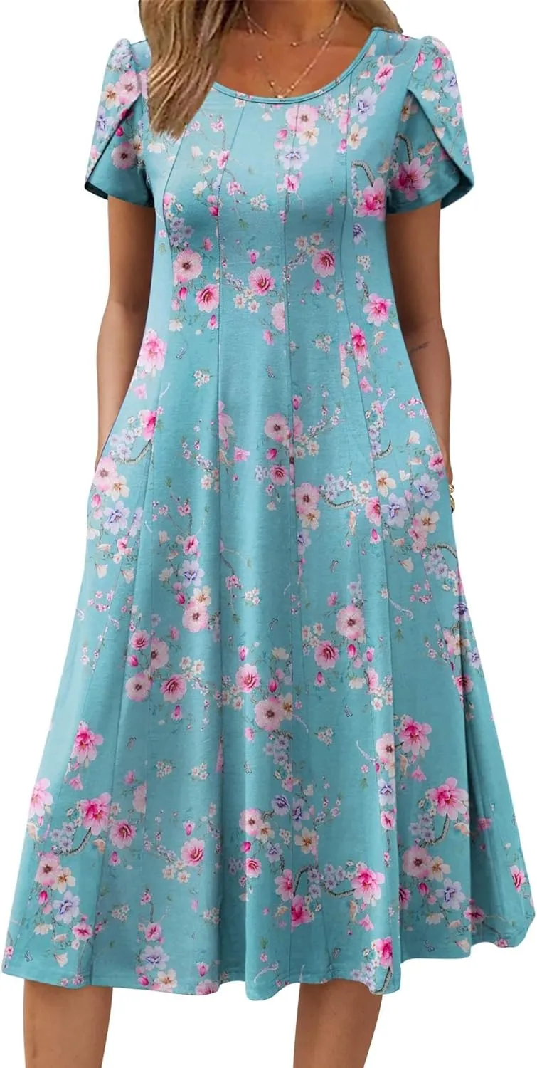 Zeagoo Womens Casual Dresses for Summer Short Sleeve Flare Midi Dress Loose Flowy Beach Sundress